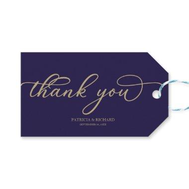 Thank You - Chic Gold Script Navy Blue Wedding Gift Tags