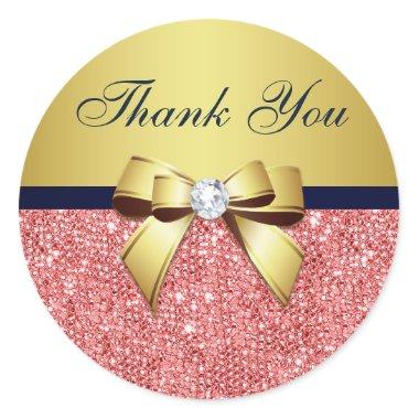 Thank You Coral Sequins Gold Navy Diamonds Bow Classic Round Sticker