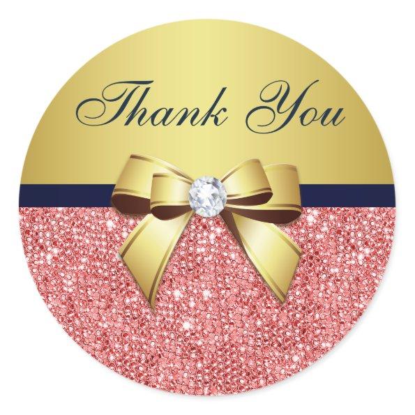 Thank You Coral Sequins Gold Navy Diamonds Bow Classic Round Sticker