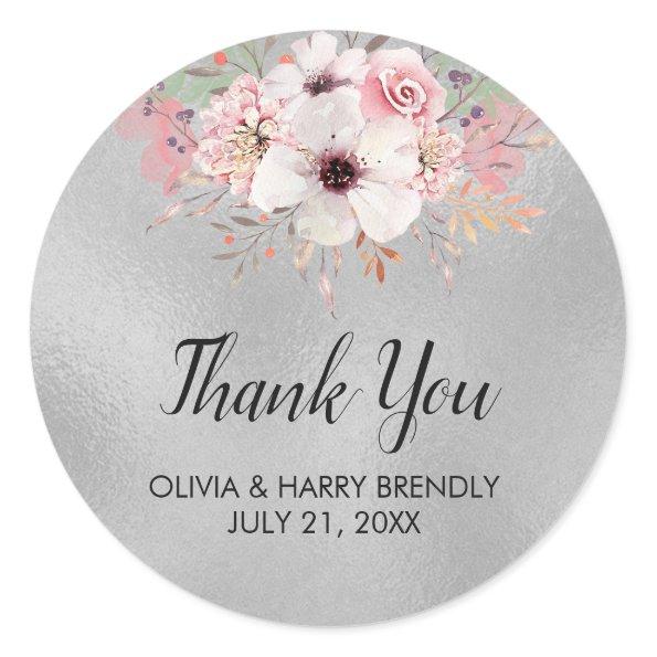 Thank You Floral Wedding Favor Stickers | Silver