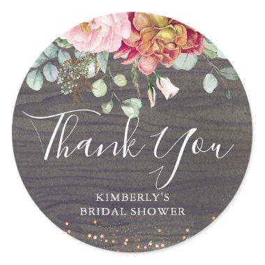 Thank You Flowers Rustic Wood Bridal Shower Classic Round Sticker