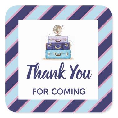 Thank you for coming blue suitcase travel shower square sticker