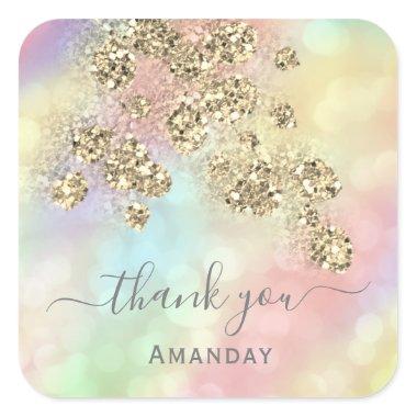 Thank You Holograph Pink Floral Glitter Gold Square Sticker