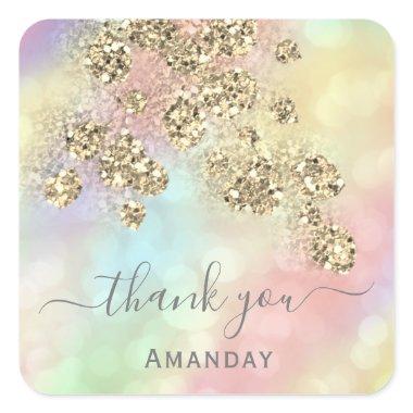 Thank You Holograph Pink Floral Glitter Gold Square Sticker