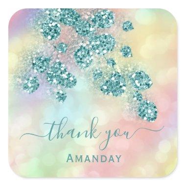 Thank You Holograph Pink Floral Glitter Teal Square Sticker