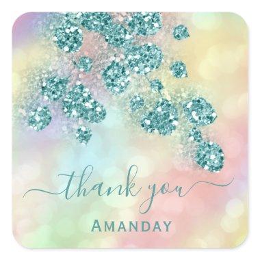 Thank You Holograph Pink Floral Glitter Teal Square Sticker