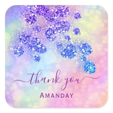Thank You Holograph Pink Floral Royal Blue Square Sticker