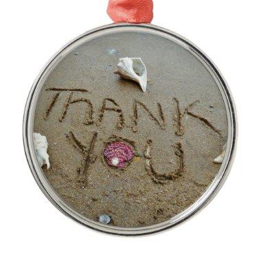 Thank you in the sand shells & beach metal ornament