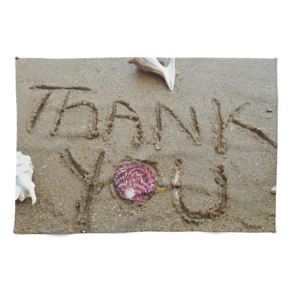 Thank you in the sand shells & beach towel
