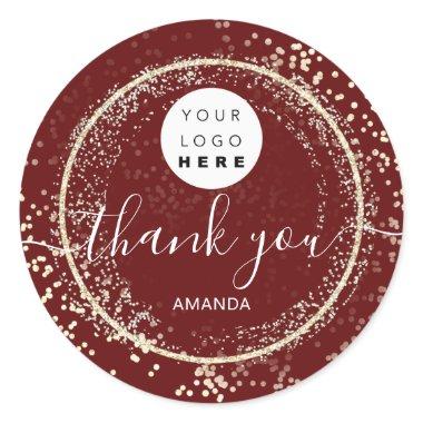 Thank You Logo Gold Glitter Burgundy Frame  Classic Round Sticker