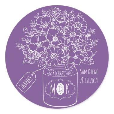Thank You Monogram Wildflowers Bouquet Mason Jar Classic Round Sticker