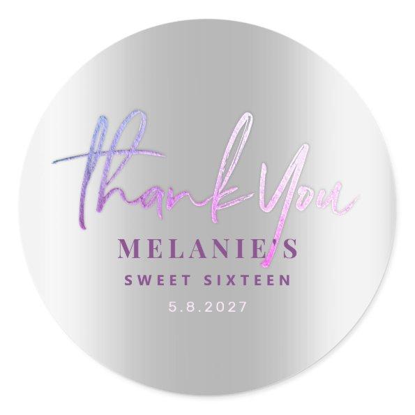 Thank You Name 16th Bridal Purple Silver Classic Round Sticker
