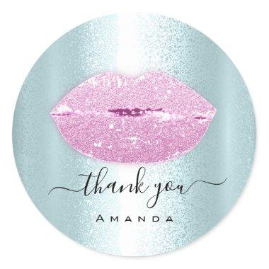 Thank You Order Makeup Kiss Lips Glitter Blue Pink Classic Round Sticker