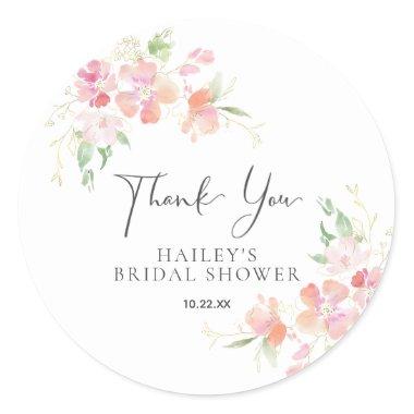 Thank You Pink Coral Floral Bridal Shower Classic Round Sticker