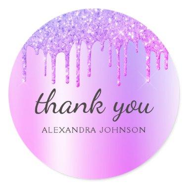 Thank You Purple Dripping Glitter Classic Round Sticker