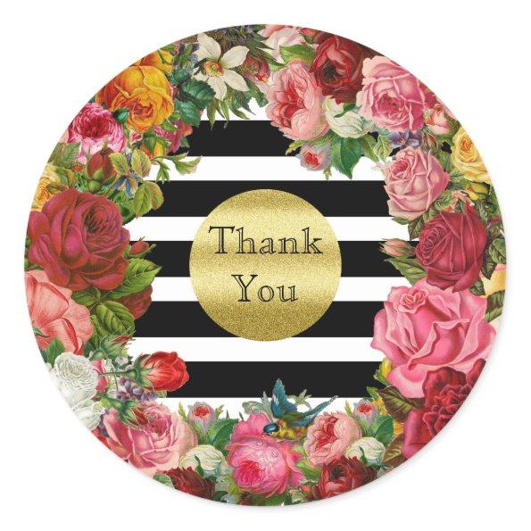 Thank You Stripes Roses Flowers Gold Glitter Trend Classic Round Sticker