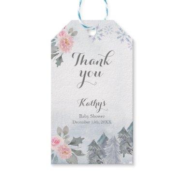 Thank You Tag Pink Floral Winter Snowflake