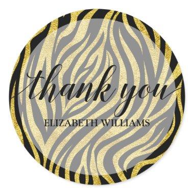 Thank You Text Gold Black Zebra Classic Round Sticker