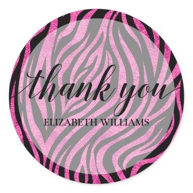 Thank You Text Pink Zebra Classic Round Sticker