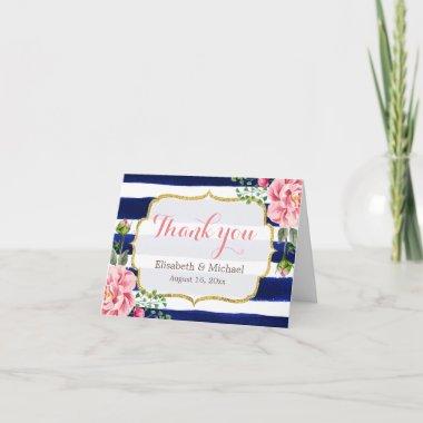 Thank You Watercolor Floral Navy Blue Stripes