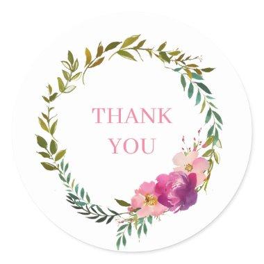 Thank You Watercolor Laurel and Flower Wreath Classic Round Sticker