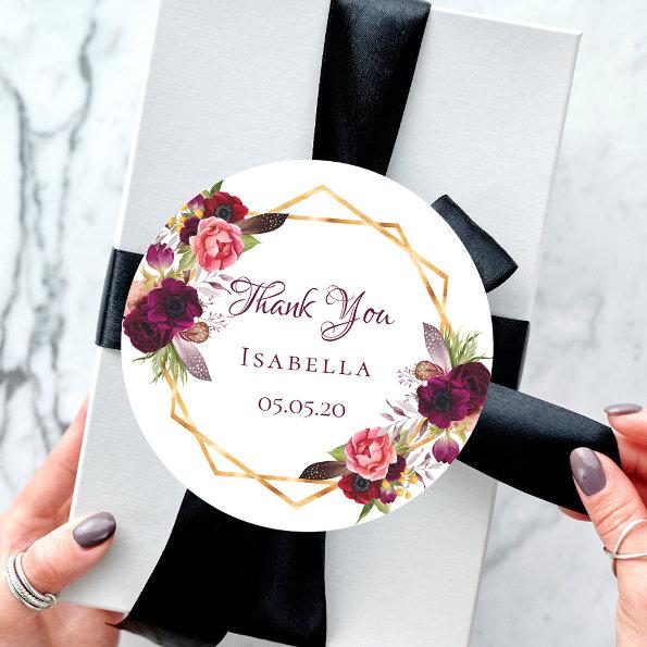 Thank You watercolored florals burgundy gold Classic Round Sticker