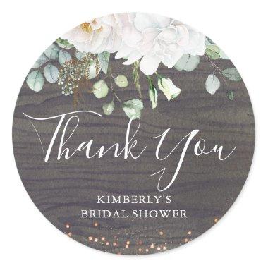 Thank You White Flowers Rustic Wood Bridal Shower Classic Round Sticker