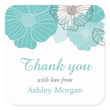Thank You with Love Simple Chic Teal Green Floral Square Sticker
