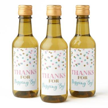 Thanks for Popping by Gold Pink Blue Confetti Wine Label