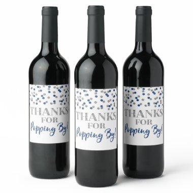 Thanks for Popping by Silver Blue Confetti Wine Label
