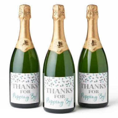 Thanks for Popping by Silver Light Blue Confetti Sparkling Wine Label