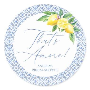 That's Amore Lemon Italian Blue Tile Bridal Shower Classic Round Sticker