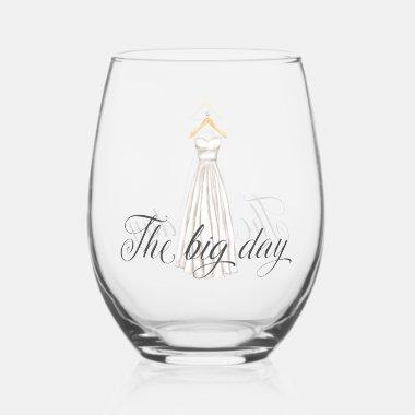 The Big Day Modern White Wedding Dress Stemless Wine Glass