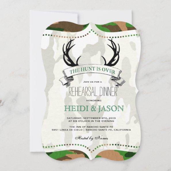 "The Hunt is Over" Rustic Camo Rehearsal Dinner Invitations