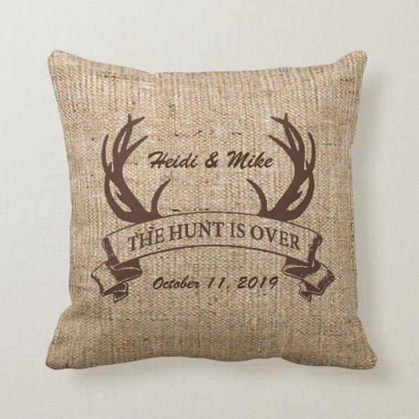 "The Hunt is Over" Rustic Faux Burlap Wedding Gift Throw Pillow