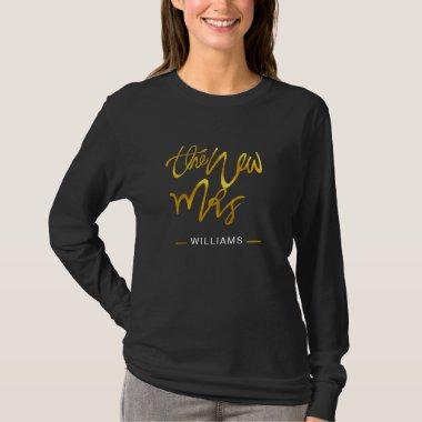 The NEW MRS -ADD NAME - Gold Calligraphy Bride T-Shirt