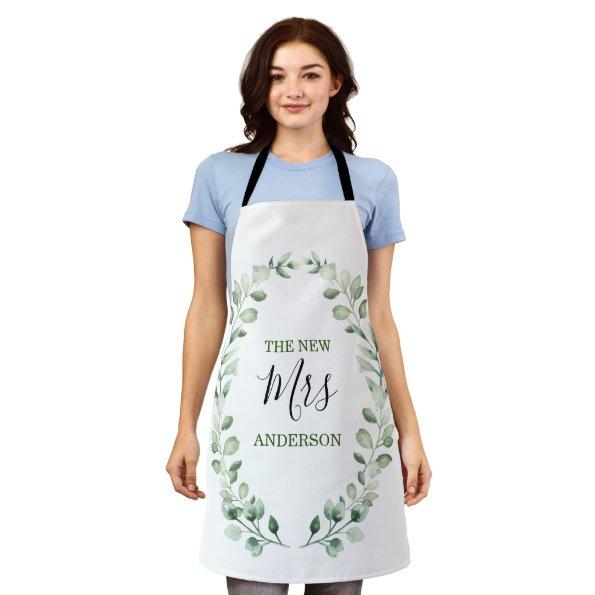 The New Mrs Greenery Wreath Personalized Wedding Apron