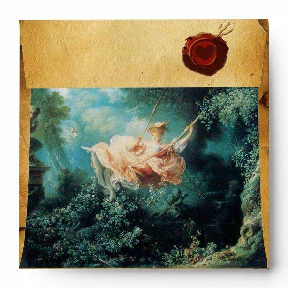 THE SWING, RED WAX SEAL PARCHMENT green pink Envelope