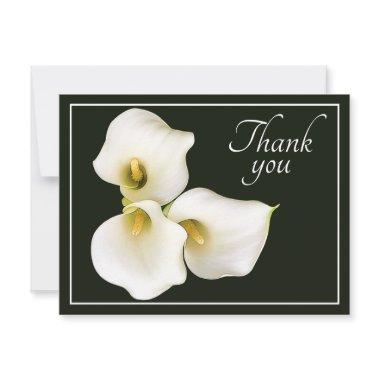 Three White Calla Lilies Black Backdrop Thank You PostInvitations