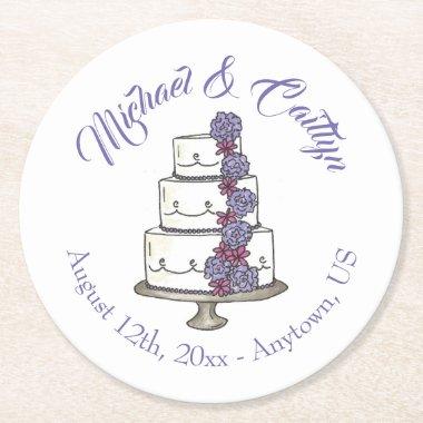 Tiered Purple Floral Wedding Cake Bridal Shower Round Paper Coaster