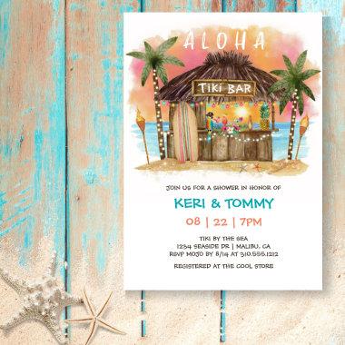 Tiki Beach Bar Tropical Sunset Sea Couples Shower Invitations
