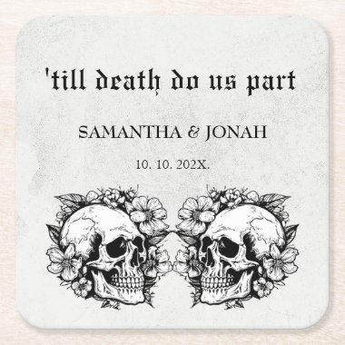 till death do us part Gothic Skulls Wedding Favor Square Paper Coaster