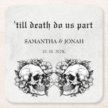 till death do us part Gothic Skulls Wedding Favor Square Paper Coaster