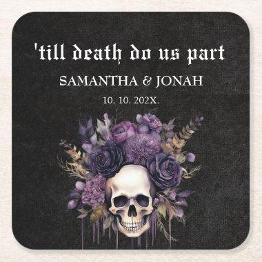 Till death Gothic Floral Skulls Wedding Favor Square Paper Coaster