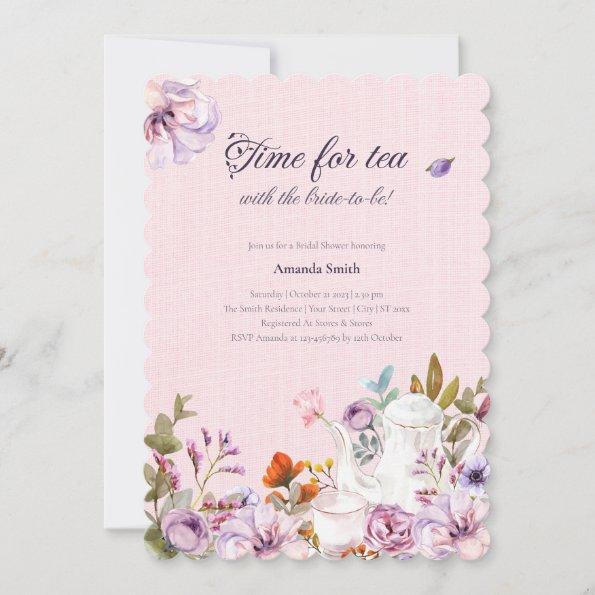 Time For Tea Party Watercolor Flower Bridal Shower Invitations