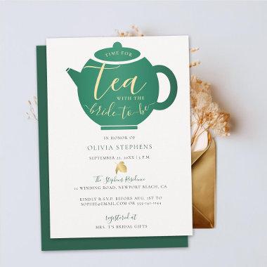 Time for Tea with Bride Emerald Gold Bridal Shower Invitations