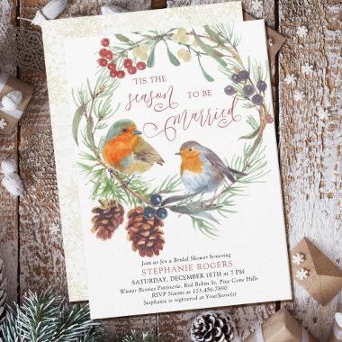 Tis The Season Robin and Pine Wreath Bridal Shower Invitations