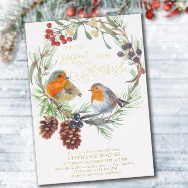 Tis the Season Robin Wreath Bridal Shower Gold Foil Invitations