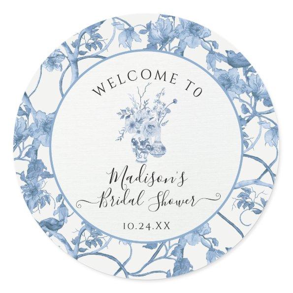 Toile Blue and White Elegant Floral Bridal Shower Classic Round Sticker