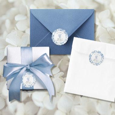 Toile Blue and White Elegant Floral  Classic Round Sticker